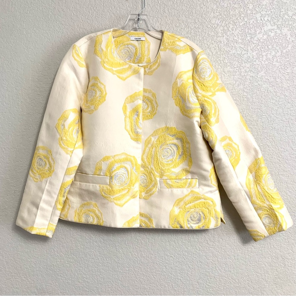 Ganni Jacket Womens 42 Floral Print Terenne Jacquard Yellow US 10/12 Statement